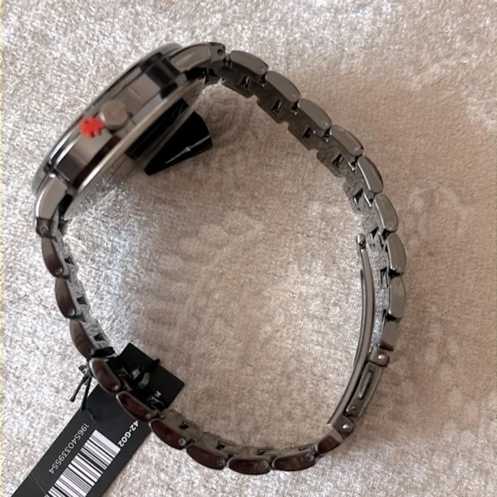 Brand New Jones New York Quartz Black Metal Analog Watch Genuine Diamond Accent